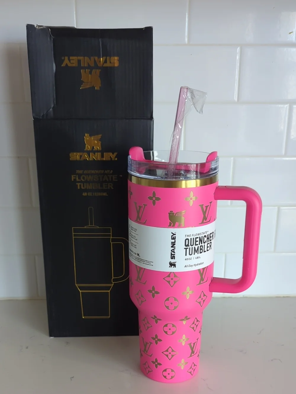 Pink Tumbler with Gold Accents and Handle
